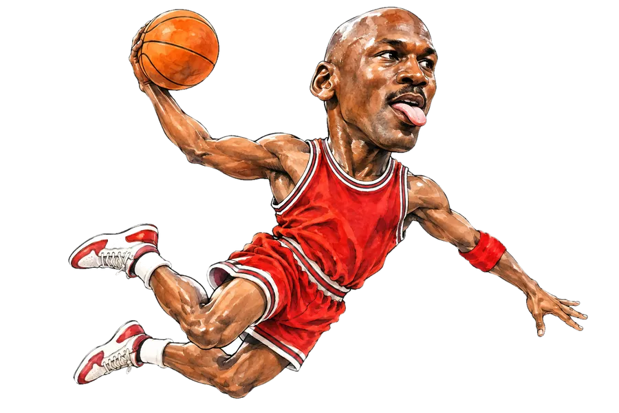 Caricatura de Michael Jordan machacando una moneda de oro gigante en una canasta